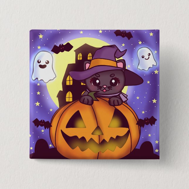 Chapa Cuadrada Cute Halloween Octubre Witch Cat (Anverso)