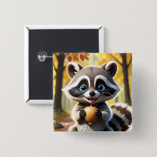 Chapa Cuadrada Cute Kawaii estilo Racoon sosteniendo una bellota