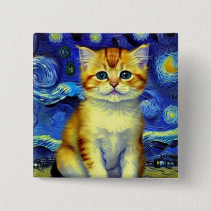 Chapa Cuadrada Cute Kitten Starry Night Van Gogh