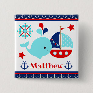Chapa Cuadrada Cute Patrón de Ballena Azul Náutica y Anclas
