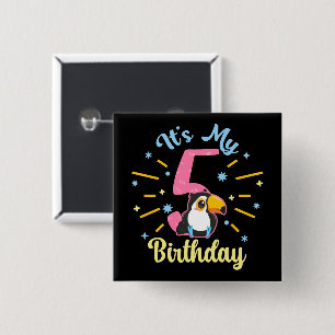 Chapa Cuadrada Cute Toucan 5 cumpleaños Chica de 5 años