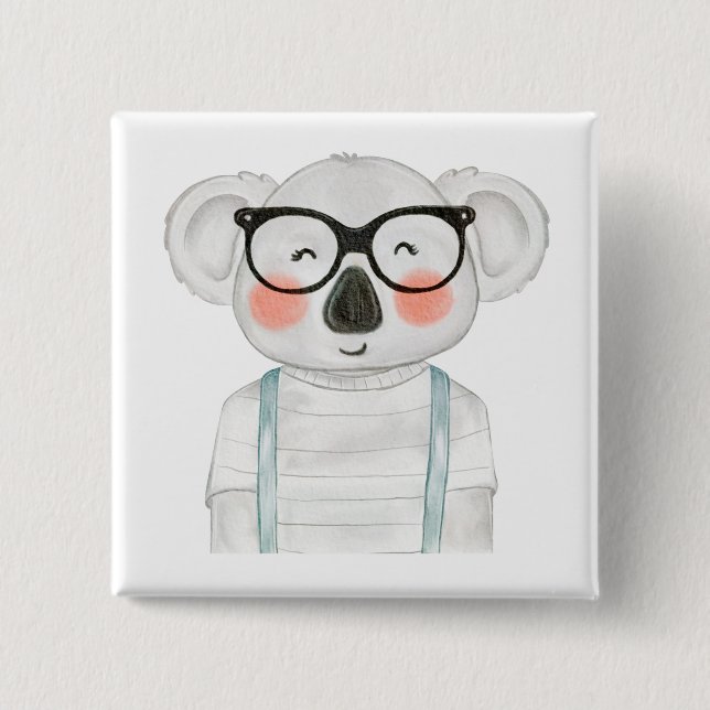 Chapa Cuadrada Cute Watercolor Koala with Glasses (Anverso)