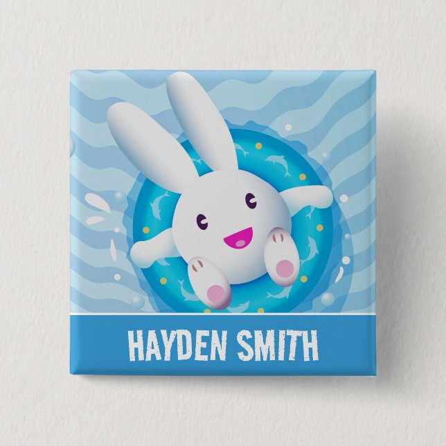 Chapa Cuadrada Cute White Bunny Pool Party Personalised (Anverso)