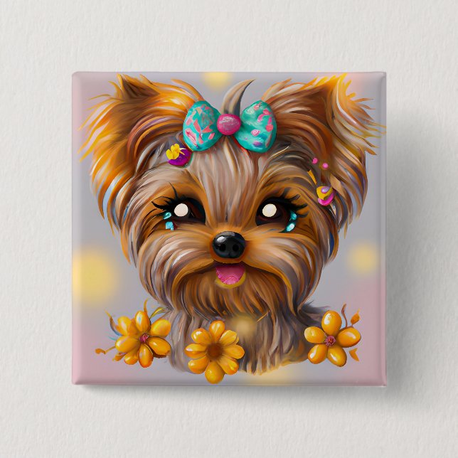 Chapa Cuadrada Cute Yorkie Kawaii Puppy (Anverso)