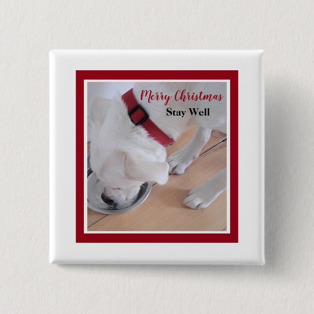 Chapa Cuadrada Cuto perro blanco bebe agua Navidades rojos Plaza (Anverso)