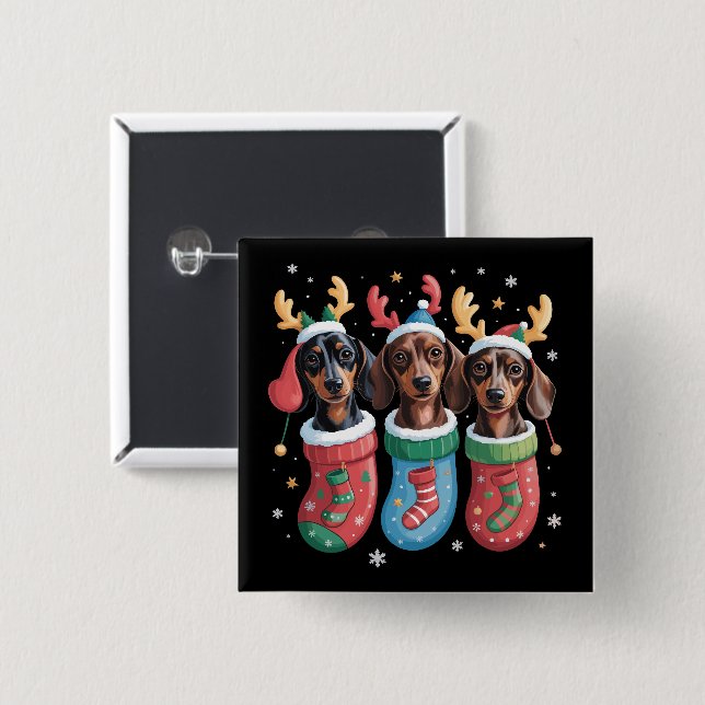 Chapa Cuadrada Dachshund Navidades vacaciones de perros con amant (Anverso y reverso)