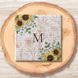 Chapa Cuadrada Decoupage de girasol rústico vintage monogramado