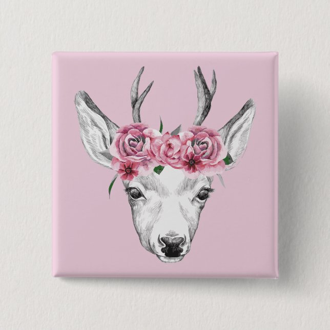 Chapa Cuadrada Deer de flores de color agua (Anverso)