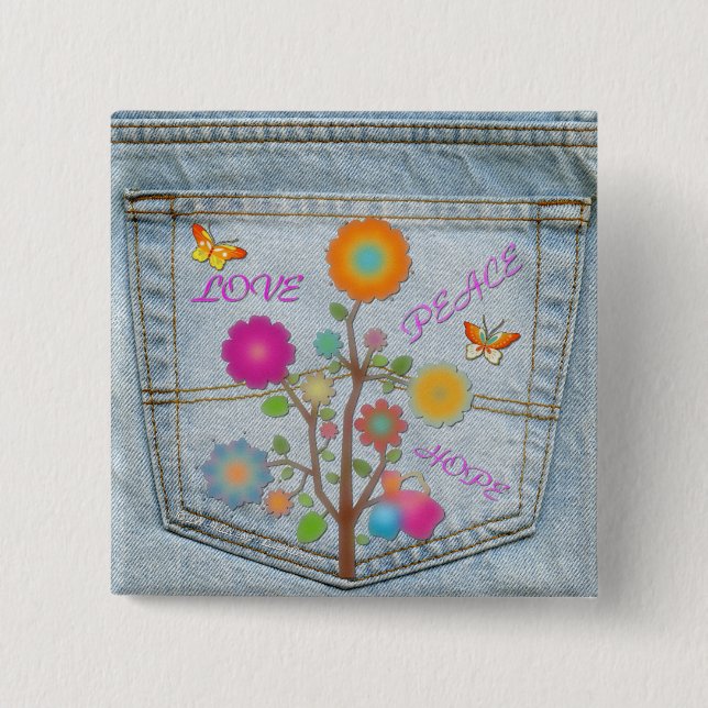 Chapa Cuadrada Denim Back Pocket Flowers Peace Love Hope Button (Anverso)