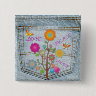 Chapa Cuadrada Denim Back Pocket Flowers Peace Love Hope Button