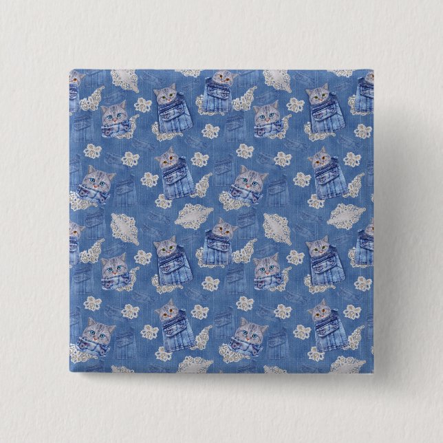 Chapa Cuadrada Denim Jeans de bolsillo, gatitos y encaje (Anverso)