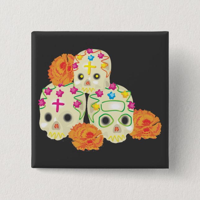 Chapa Cuadrada Día de las Calaveras Azucareras Muertas y Marigole (Anverso)