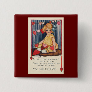 Chapa Cuadrada Día de San Valentín Vintage Lindo, niña con corazo