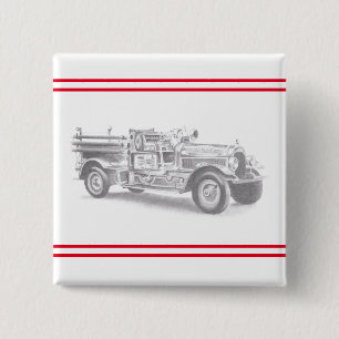 Chapa Cuadrada dibujo a lápiz de camión de bomberos vintage