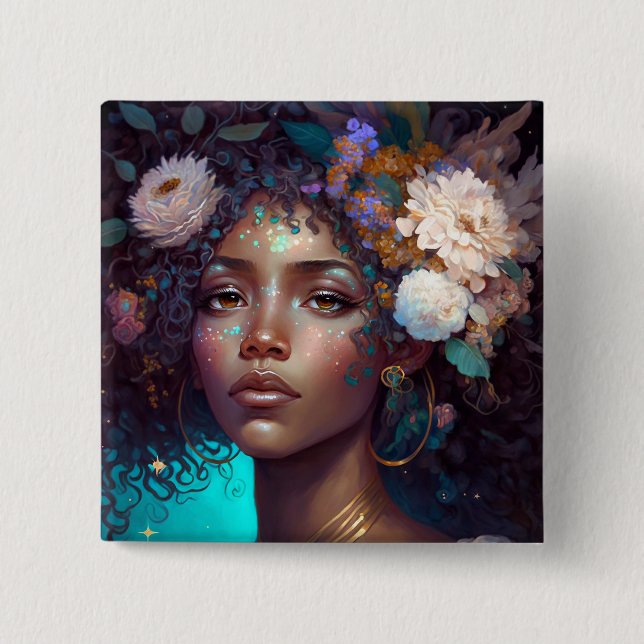 Chapa Cuadrada Diosa negra afroamericana reina fantasía arte B (Anverso)