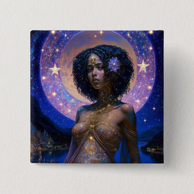Chapa Cuadrada Diosa negra afroamericana reina fantasía arte B (Anverso)