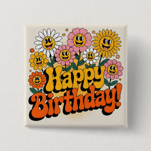 Chapa Cuadrada Diseño Floral Retro Groovy Feliz Cumpleaños