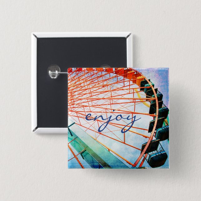 Chapa Cuadrada Disfrutar Script Carnival Ferris Wheel Photo Bold (Anverso y reverso)