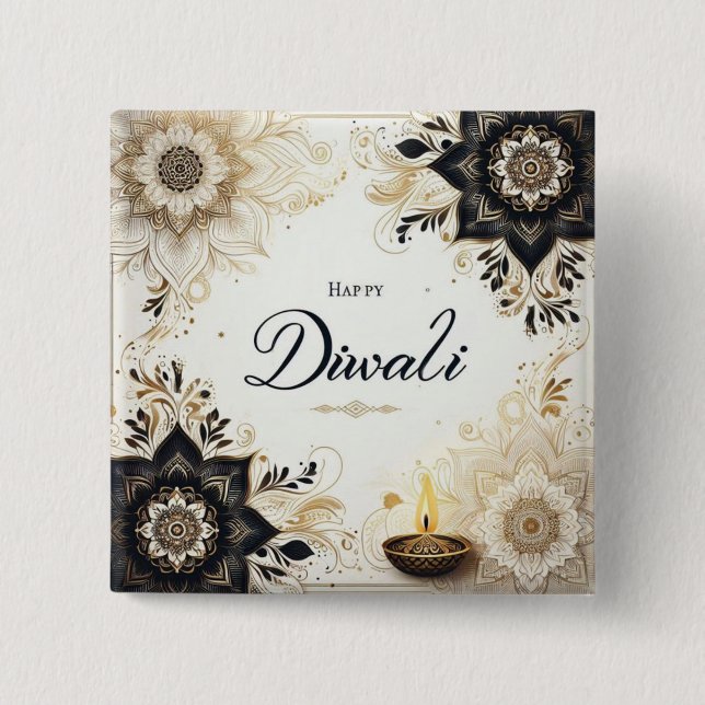 Chapa Cuadrada Diwali con flores elegantes y diya (Anverso)