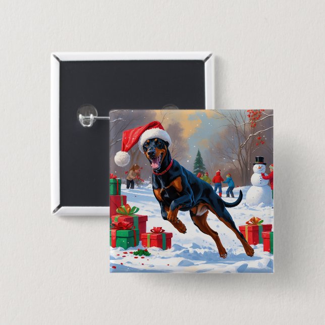 Chapa Cuadrada Doberman corre en Nieve con Gorra Navidad (Anverso y reverso)