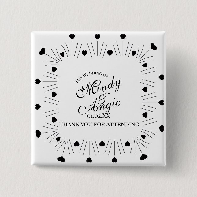 Chapa Cuadrada Doodle Hearts Marco Script Boda (Anverso)