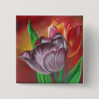 Chapa Cuadrada Dos tulipanes contra fondo rojo