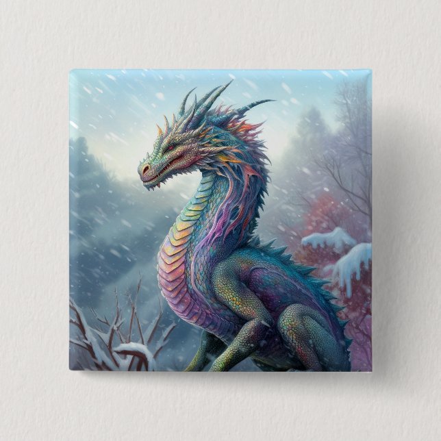 Chapa Cuadrada Dragón Arcoiris En El Arte De La Nieve Fantasía (Anverso)