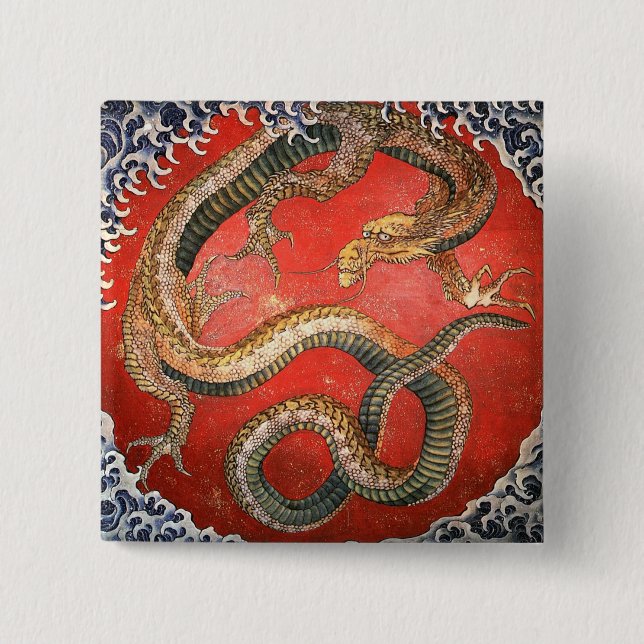 Chapa Cuadrada Dragón, Bella Artes japonés de Hokusai (Anverso)