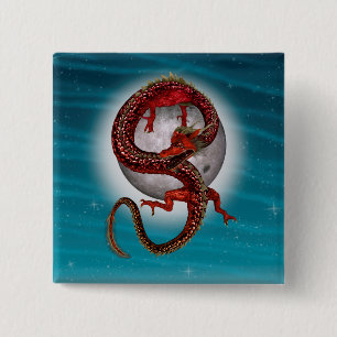 Chapa Cuadrada Dragón de Luna Roja Arte de Fantasía Celestial