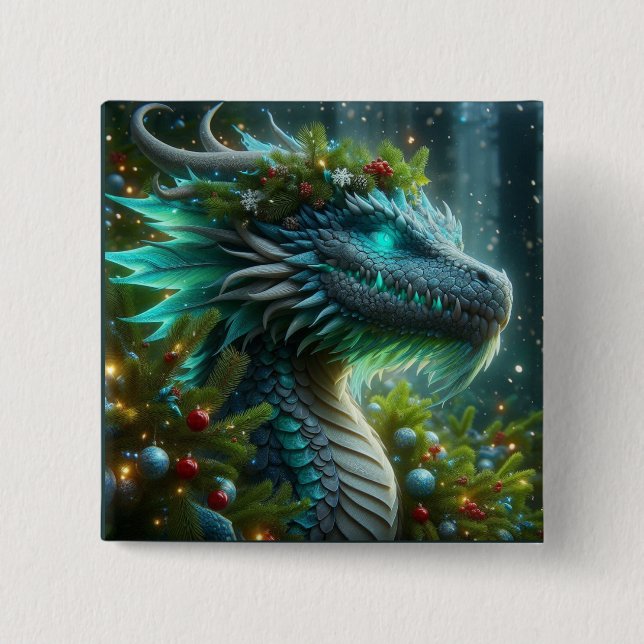 Chapa Cuadrada Dragón de Navidades turquesa mágico (Anverso)
