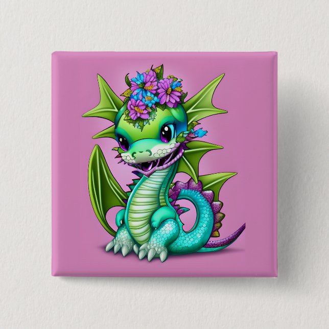 Chapa Cuadrada Dragón infantil morado y verde (Anverso)