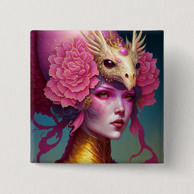 Chapa Cuadrada Dragón Rosa Cráneo Mujer Fantasía Arte (Anverso)