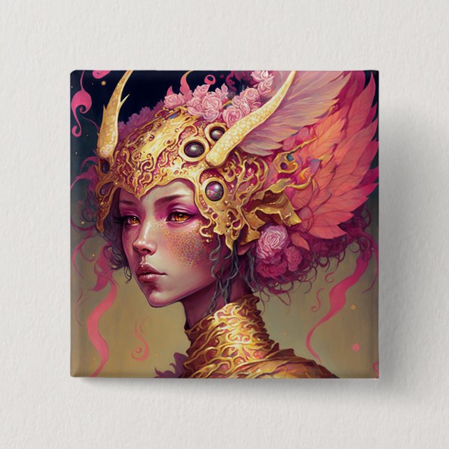 Chapa Cuadrada Dragón rosa Mujer Fantasía Arte (Anverso)