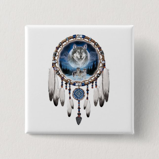 Chapa Cuadrada Dream Catcher con antecedentes de lobo (Anverso)