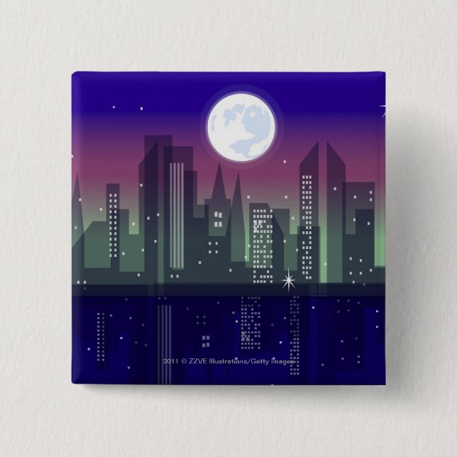 Chapa Cuadrada Edificios encendidos para arriba en la noche (Anverso)