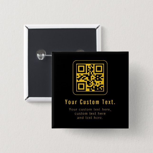 Chapa Cuadrada Editable QR Code & Text Template | Black & Gold (Anverso y reverso)