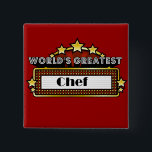 Chapa Cuadrada El cocinero más grande del mundo<br><div class="desc">El camisetas, la ropa y los regalos más grandes del cocinero del mundo son regalos ideales del reconocimiento del trabajo del empleado además de los regalos para todas las ocasiones. Este diseño único de la carpa muestra el empleo y la profesión rodeados por las luces de neón y las estrellas....</div>