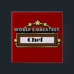 Chapa Cuadrada El cocinero más grande del mundo<br><div class="desc">El camisetas, la ropa y los regalos más grandes del cocinero del mundo son regalos ideales del reconocimiento del trabajo del empleado además de los regalos para todas las ocasiones. Este diseño único de la carpa muestra el empleo y la profesión rodeados por las luces de neón y las estrellas....</div>