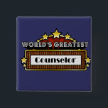 Chapa Cuadrada El consejero más grande del mundo<br><div class="desc">El camisetas, la ropa y los regalos más grandes del consejero del mundo son regalos ideales del reconocimiento del trabajo del empleado además de los regalos para todas las ocasiones. Este diseño único de la carpa muestra el empleo y la profesión rodeados por las luces de neón y las estrellas....</div>