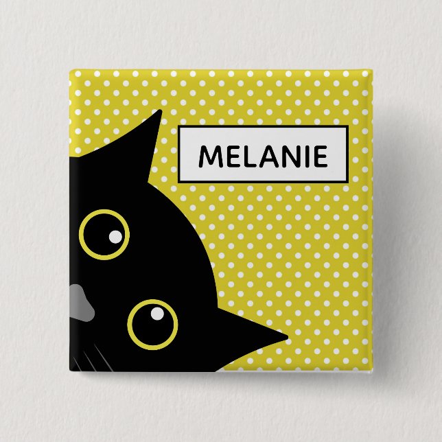 Chapa Cuadrada El curioso gato negro amarillo polka punto persona (Anverso)
