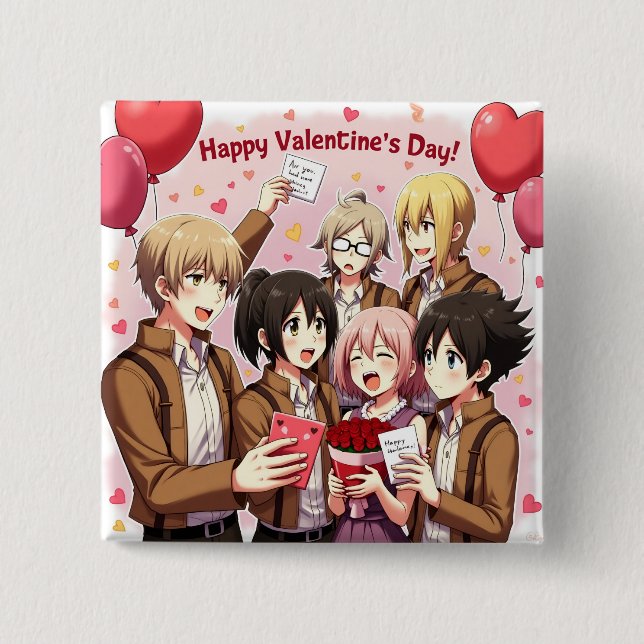 CHAPA CUADRADA EL DÍA DE SAN VALENTÍN ANIME BUTTON (Anverso)