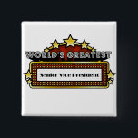 Chapa Cuadrada El vicepresidente más grande del mundo<br><div class="desc">El camisetas, la ropa y los regalos más grandes del vicepresidente del mundo son regalos ideales del reconocimiento del trabajo del empleado además de los regalos para todas las ocasiones. Este diseño único de la carpa muestra el empleo y la profesión rodeados por las luces de neón y las estrellas....</div>