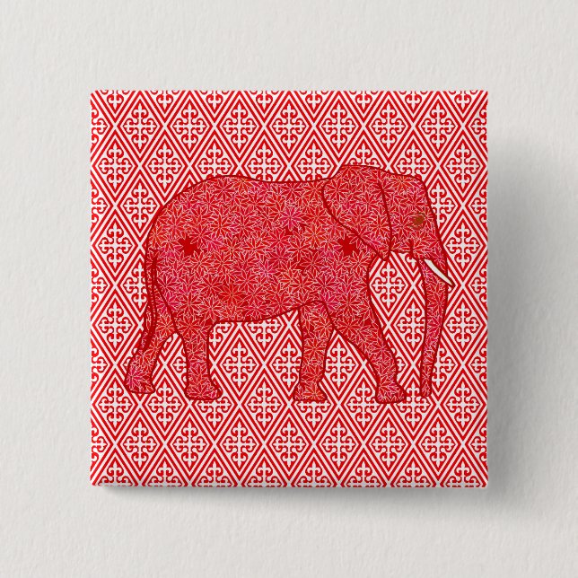 Chapa Cuadrada elefante de flores - rojo profundo y coral (Anverso)