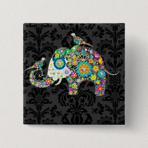 Chapa Cuadrada Elefante Floral Retro Colorido & Aves
