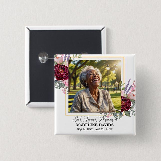 Chapa Cuadrada Elegant Peonies Photo Funeral Keepsake  (Anverso y reverso)