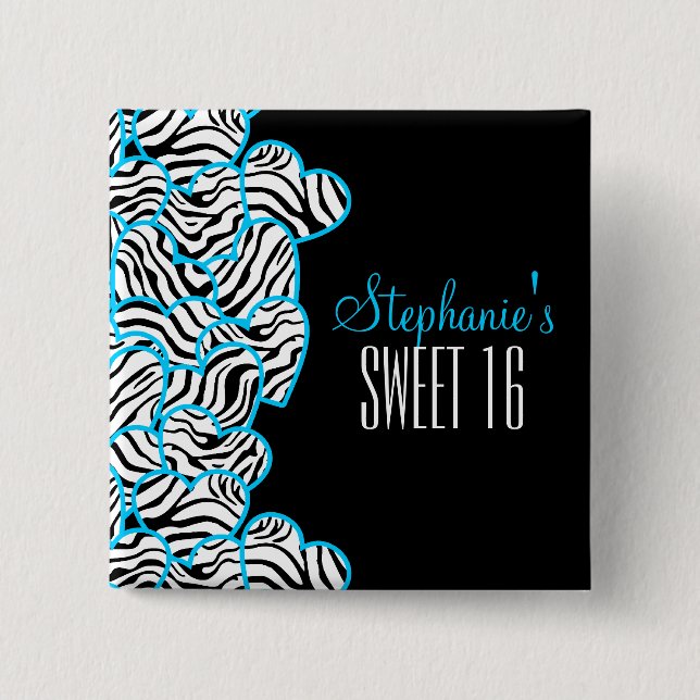 Chapa Cuadrada Elegante Blue Sweet 16 Zebra Heart Design Name (Anverso)
