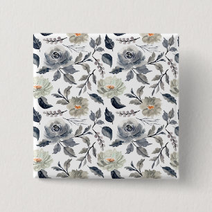 Chapa Cuadrada Elegante Floral Botánico Acuarela Azul Gris Vintag