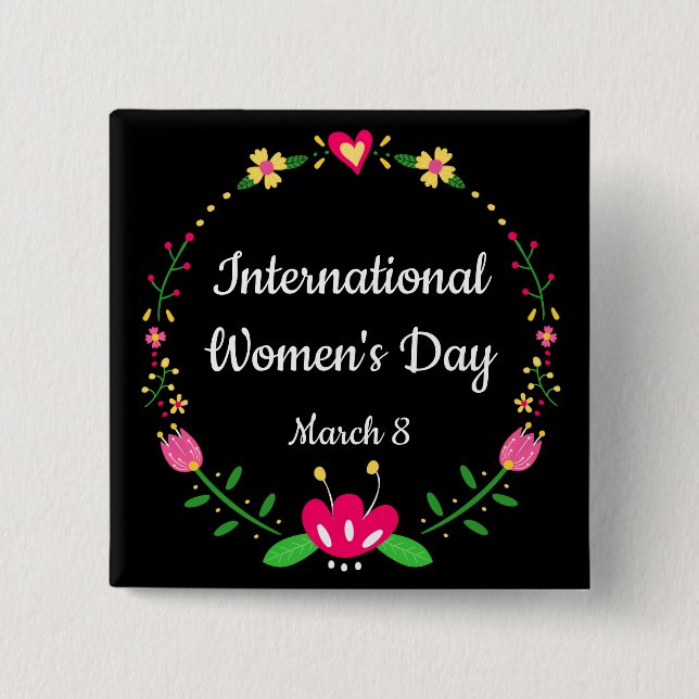 Chapa Cuadrada Elegante Floral International Womens Day Pinback (Anverso)