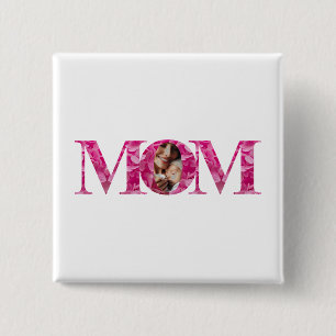 Chapa Cuadrada Elegante floral rosada "MOM" Lettering, foto Perso