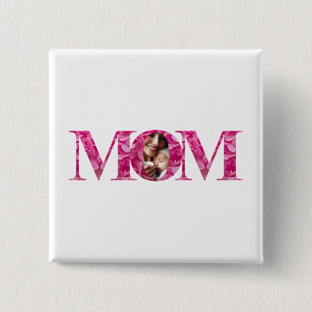 Chapa Cuadrada Elegante floral rosada "MOM" Lettering, foto Perso (Anverso)